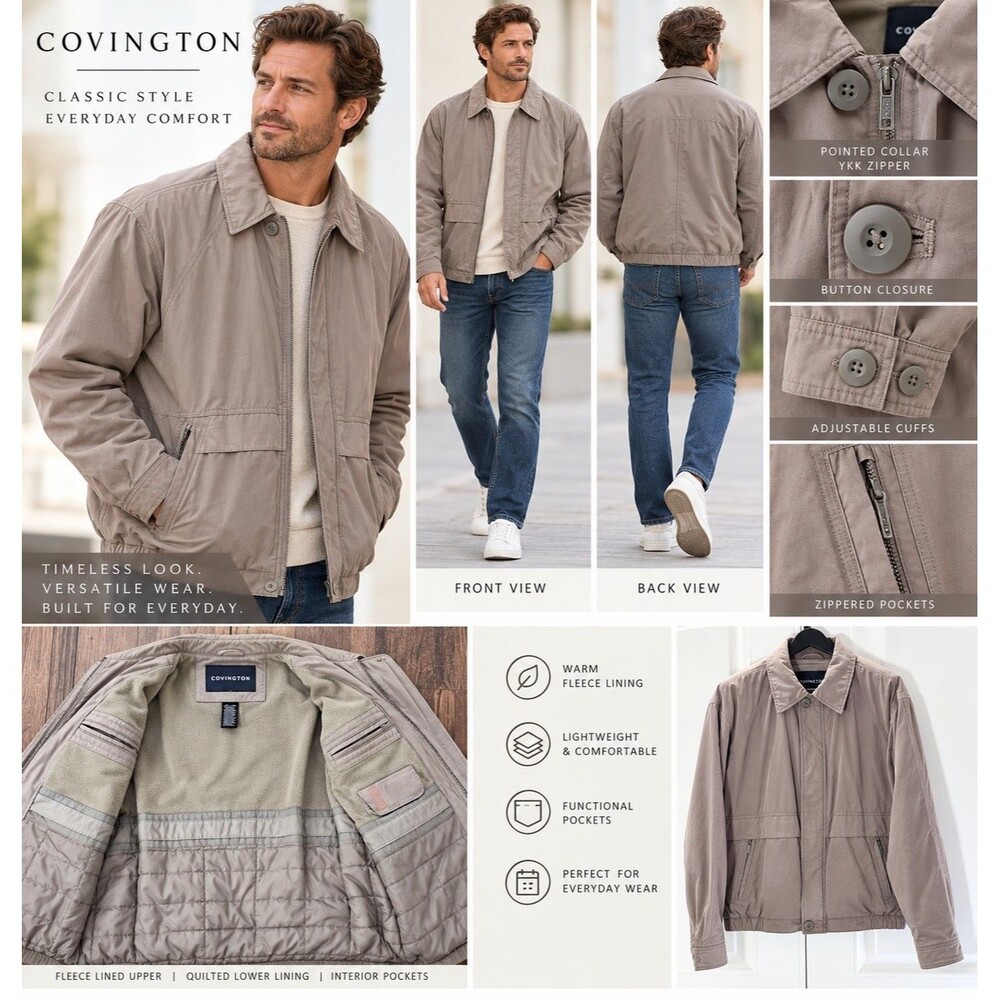 Covington Men M Taupe Fleece Lined Bomber Jacket Zip Pockets Casual Grandpacore